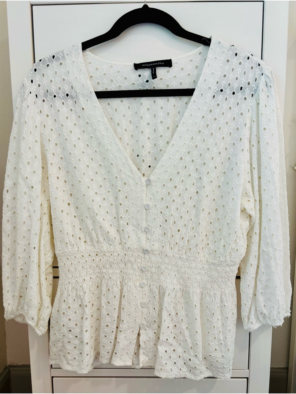 BCBGMaxAzria White Eyelet Smocked-Waist V-Neck Top